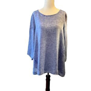 $268 EUC Hinson Wu Blue 100% Linen Tunic Style Top Blouse Back Buttons Size 10